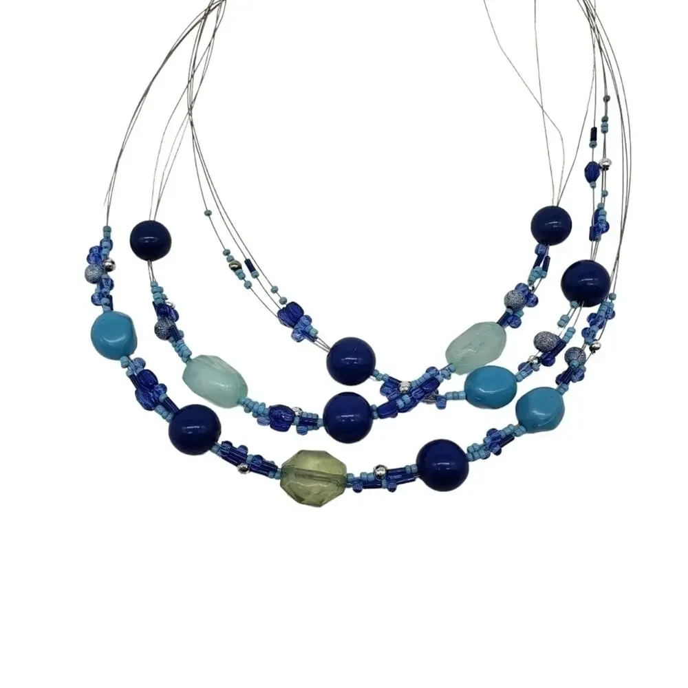 Blue Multilayered Wire Beaded Necklace with Adjustable Chain Closure